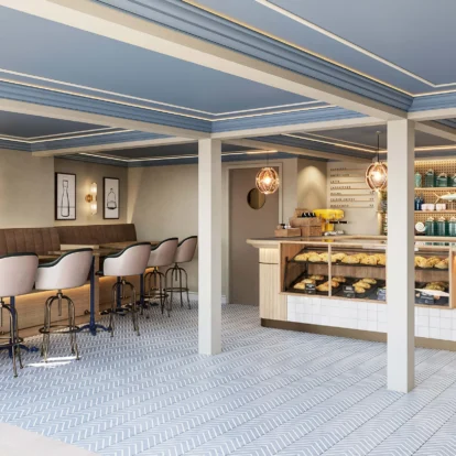Modern café with cosy seating, a family enjoying pastries, and a bright, inviting ambience.