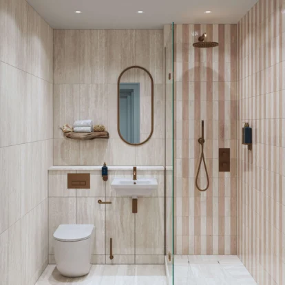 Elegant hotel bathroom with modern amenities and rainfall shower.