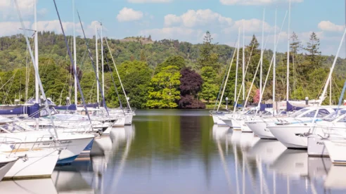Family enjoying a serene lakeside view with moored sailboats under a clear blue sky.