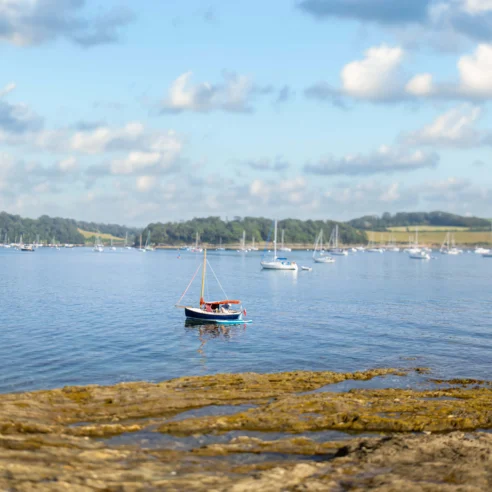A small sailboat on a tranquil lake with distant hills, under a blue sky with fluffy clouds.