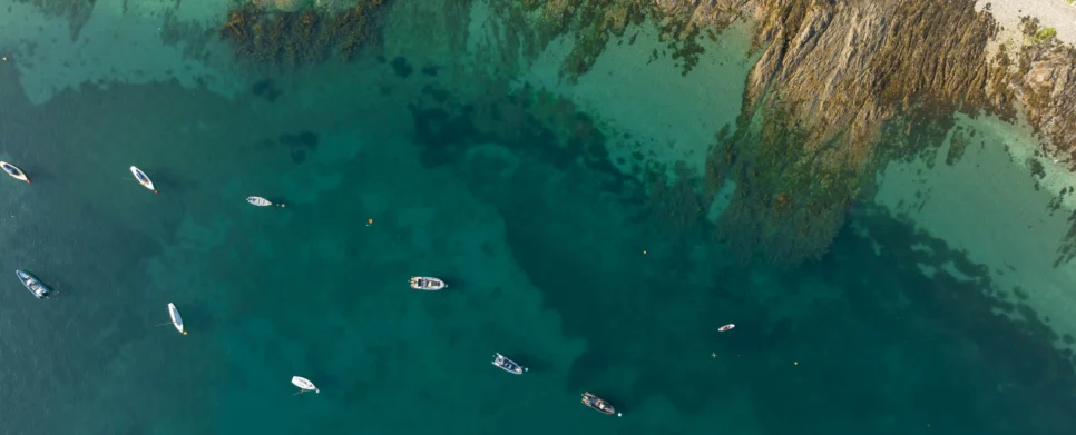 Family rowing small boats near a rocky turquoise shoreline on a calm coastal day