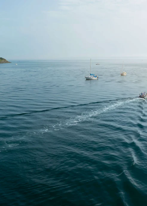 A serene sea landscape with boats and distant lush coastline under a clear sky.