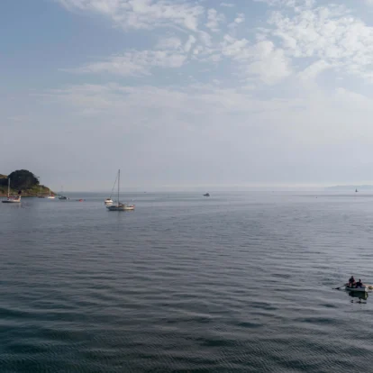 A family enjoys canoeing on a serene ocean near a lush, green coastline under a clear sky.