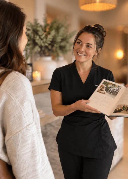 A cheerful staff member showing a brochure to a guest in a hotel's inviting lobby.